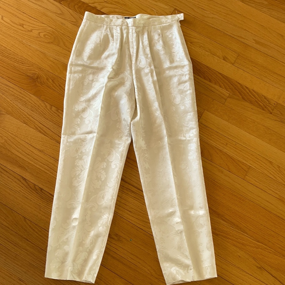 Vintage size 14. Cream damask, straight ankle leg. Dress them up for evening.